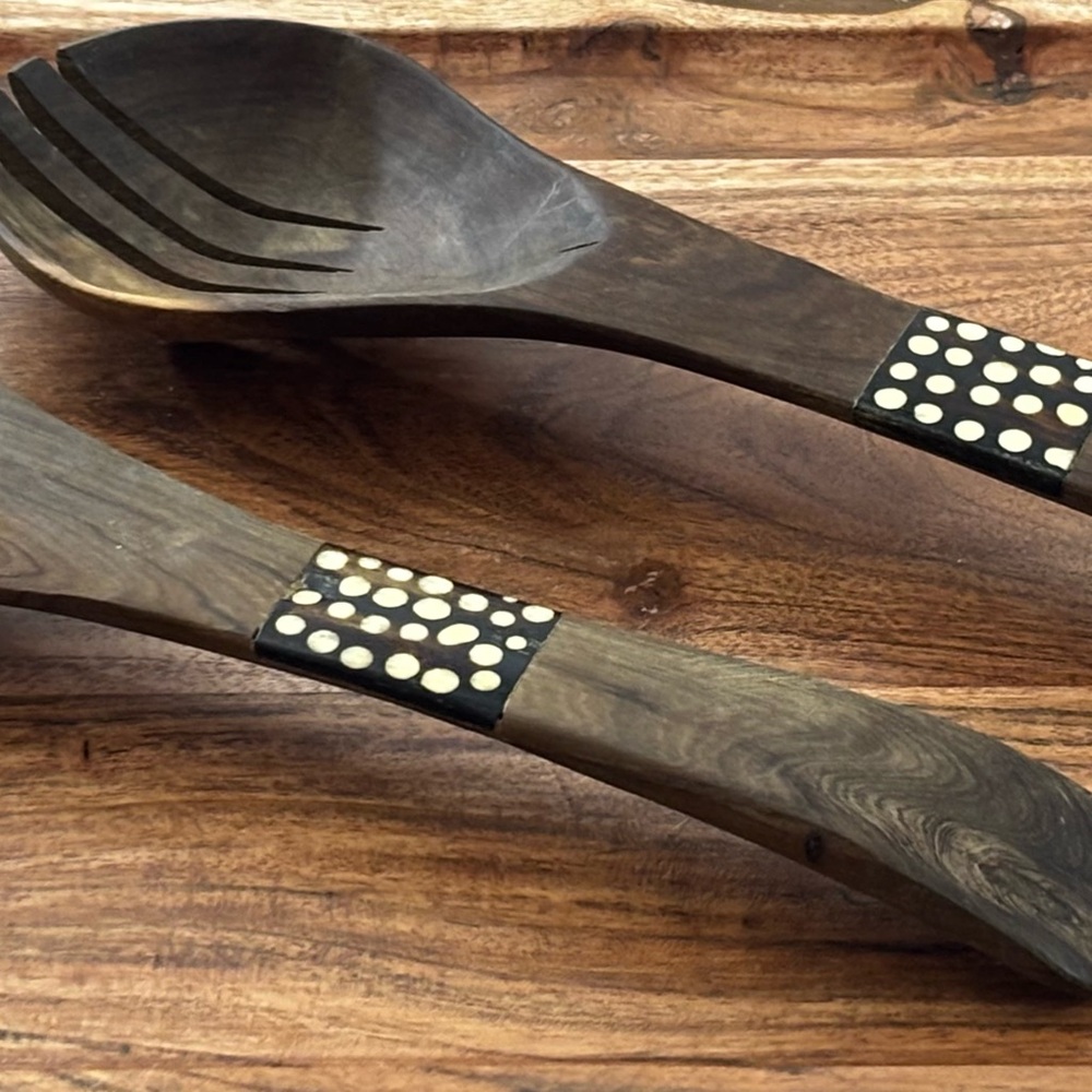 Wooden Salad Servers with Black and Ivory Dot Inlay olive wood bone inlay Africa